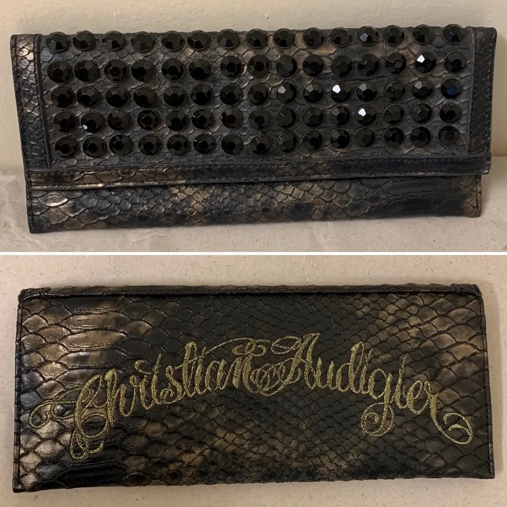 ❤️SALE❤️ Christian Audigier Snake Rhinestones Studs Clutch Bag Black Ed Hardy - Picture 1 of 6
